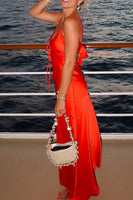 Load image into Gallery viewer, Red Satin Spaghetti Straps Sheath Long Wedding Guest Dress