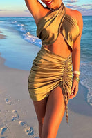 Load image into Gallery viewer, Gold Bodycon Halter Cut Out Ruched Mini Birthday Dress