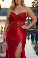 Load image into Gallery viewer, Sparkly Plus Size Royal Blue Appliqued Mermaid Long Corset Prom Dress with Slit