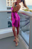 Load image into Gallery viewer, Sparkly Fuchsia Bodycon Strapless Tight Short Birthday Dress with Slit