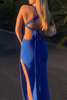 Load image into Gallery viewer, Royal Blue Sheath Square Neck Satin Long Wedding Guest Dress with Slit
