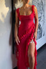Load image into Gallery viewer, Red Chiffon Ruffled Sheath Long Prom Dress with Slit
