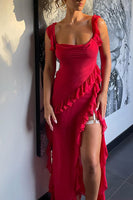 Load image into Gallery viewer, Red Chiffon Ruffled Sheath Long Prom Dress with Slit