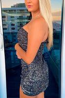 Load image into Gallery viewer, Sparkly Black One Shoulder Sequins Bodycon Short Birthday Dress with Sleeves