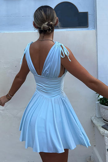 Light Blue V-Neck A Line Mini Birthday Dress