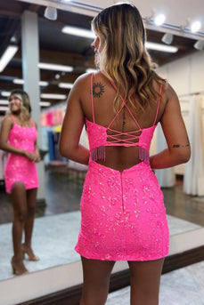 Sparkly Fuchsia Tight Sequined Embroidery Spaghetti Straps Short Prom Dress with Tassels