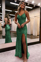 Load image into Gallery viewer, Sparkly Dark Green Open Back Sequins Long Prom Dress with Slit