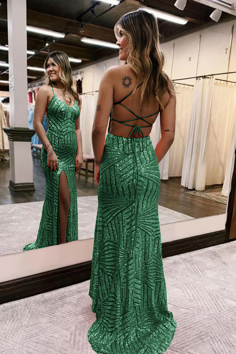 Load image into Gallery viewer, Sparkly Dark Green Open Back Sequins Long Prom Dress with Slit