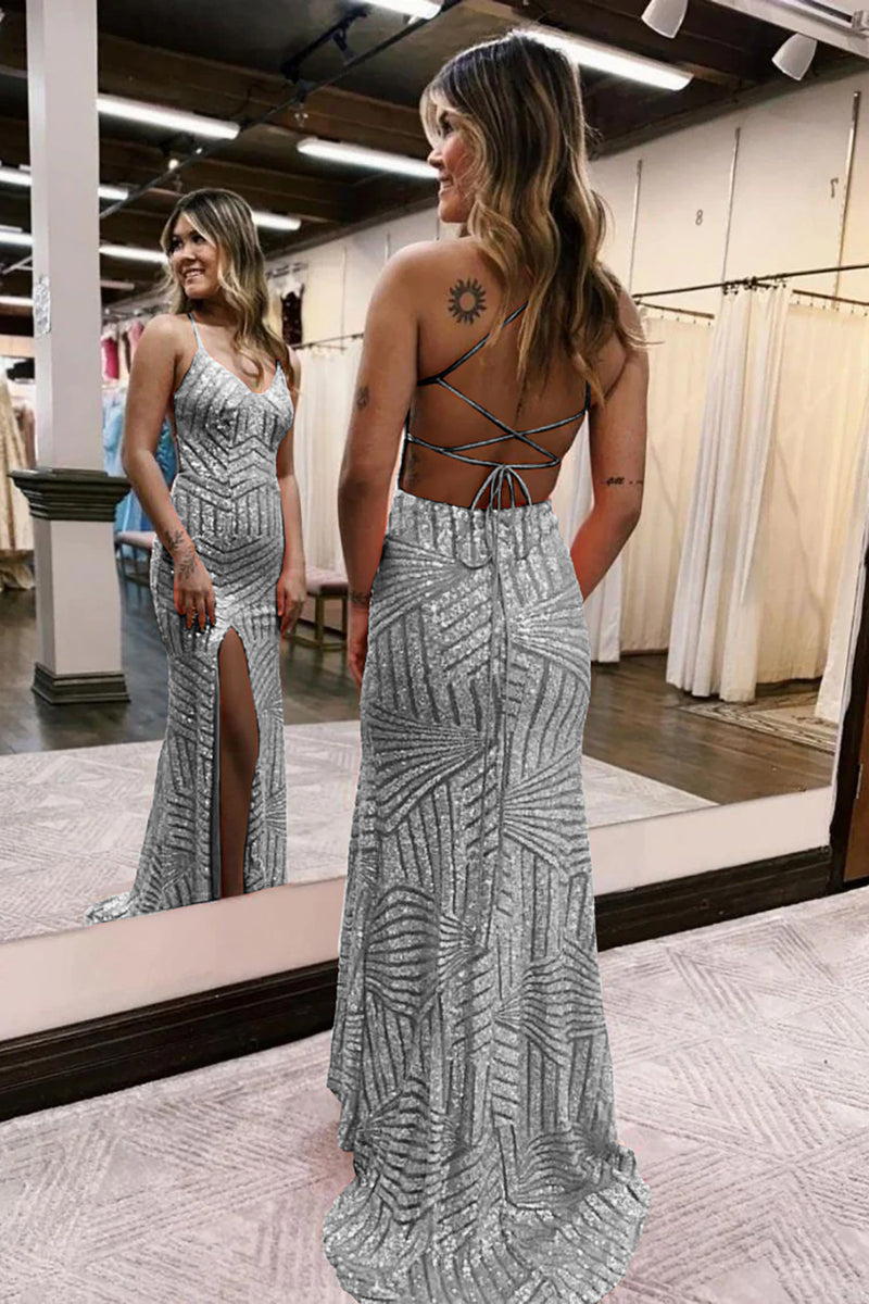 Load image into Gallery viewer, Sparkly Dark Green Open Back Sequins Long Prom Dress with Slit