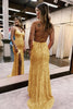 Load image into Gallery viewer, Sparkly Dark Green Open Back Sequins Long Prom Dress with Slit