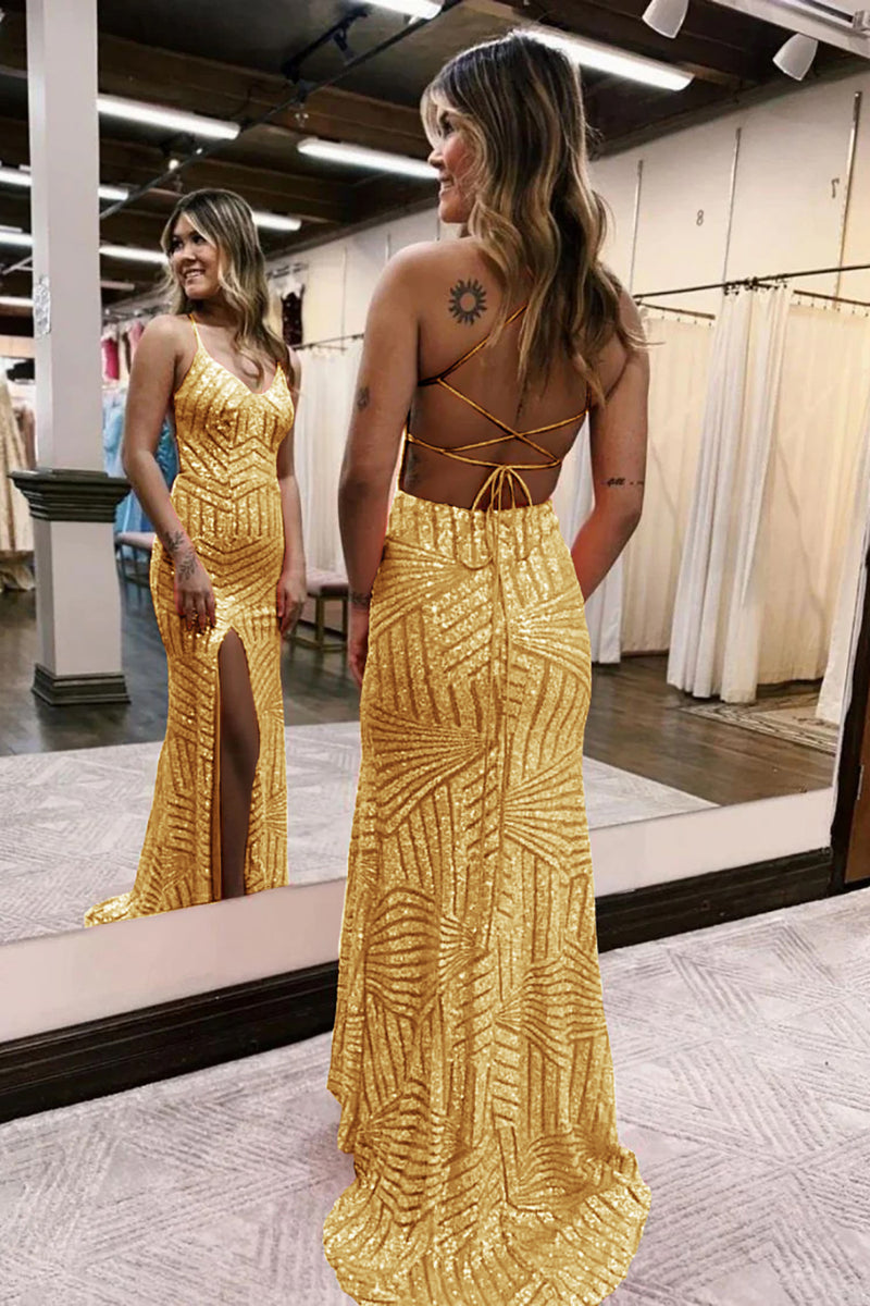 Load image into Gallery viewer, Sparkly Dark Green Open Back Sequins Long Prom Dress with Slit