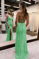 Load image into Gallery viewer, Sparkly Dark Green Open Back Sequins Long Prom Dress with Slit