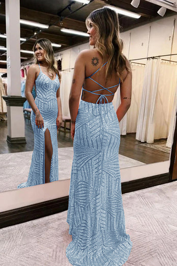 Sparkly Dark Green Open Back Sequins Long Prom Dress with Slit