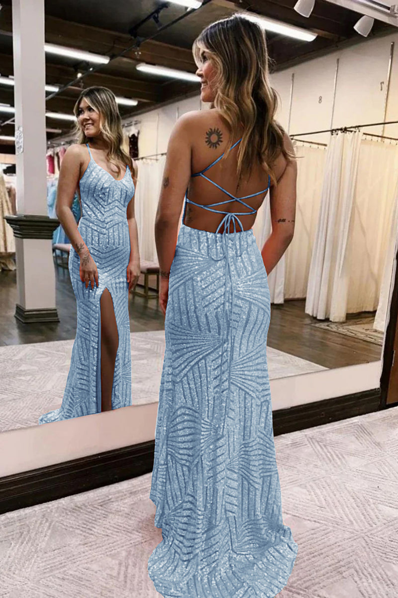 Load image into Gallery viewer, Sparkly Dark Green Open Back Sequins Long Prom Dress with Slit