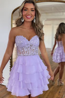 Load image into Gallery viewer, Glitter Lilac A-line Tiered Short Prom Dress with Appliques