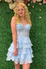 Load image into Gallery viewer, Glitter Lilac A-line Tiered Short Prom Dress with Appliques