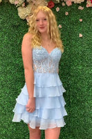 Load image into Gallery viewer, Glitter Lilac A-line Tiered Short Prom Dress with Appliques