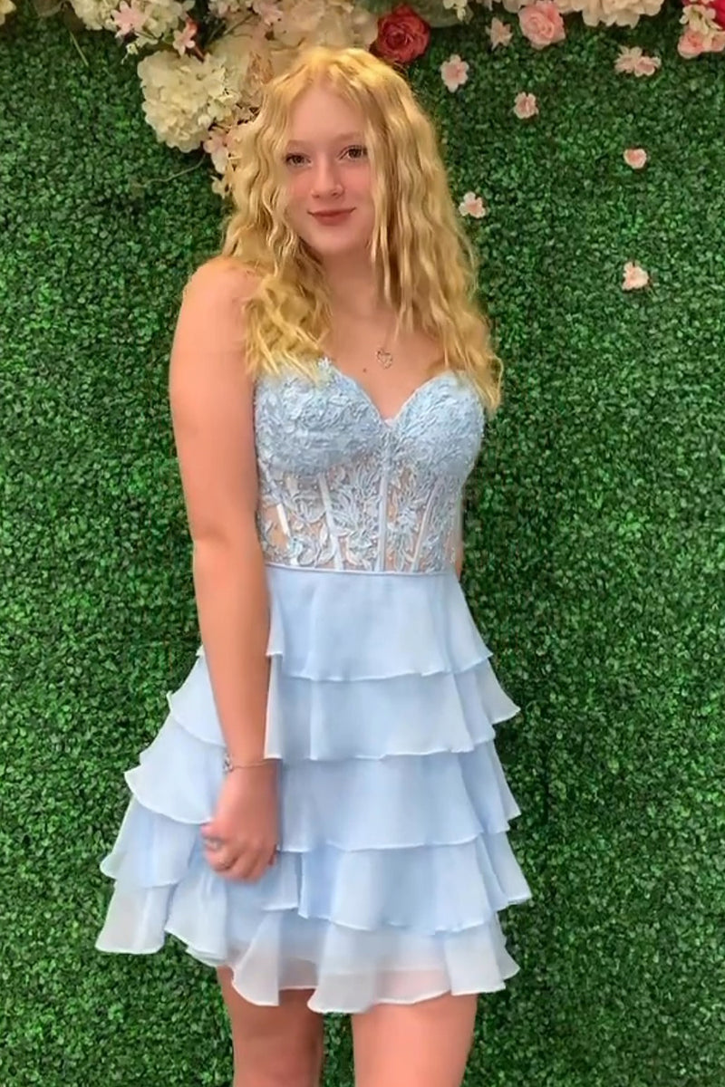 Load image into Gallery viewer, Glitter Lilac A-line Tiered Short Prom Dress with Appliques