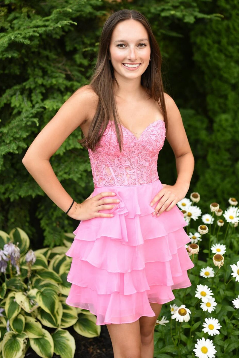 Load image into Gallery viewer, Glitter Lilac A-line Tiered Short Prom Dress with Appliques