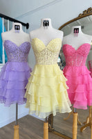 Load image into Gallery viewer, Glitter Yellow A-line Tiered Short Prom Dress with Appliques