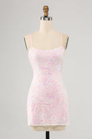 Load image into Gallery viewer, Sparkly Pink Spaghetti Straps Tight Short Prom Dress with Sequins