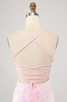 Load image into Gallery viewer, Sparkly Pink Spaghetti Straps Tight Short Prom Dress with Sequins