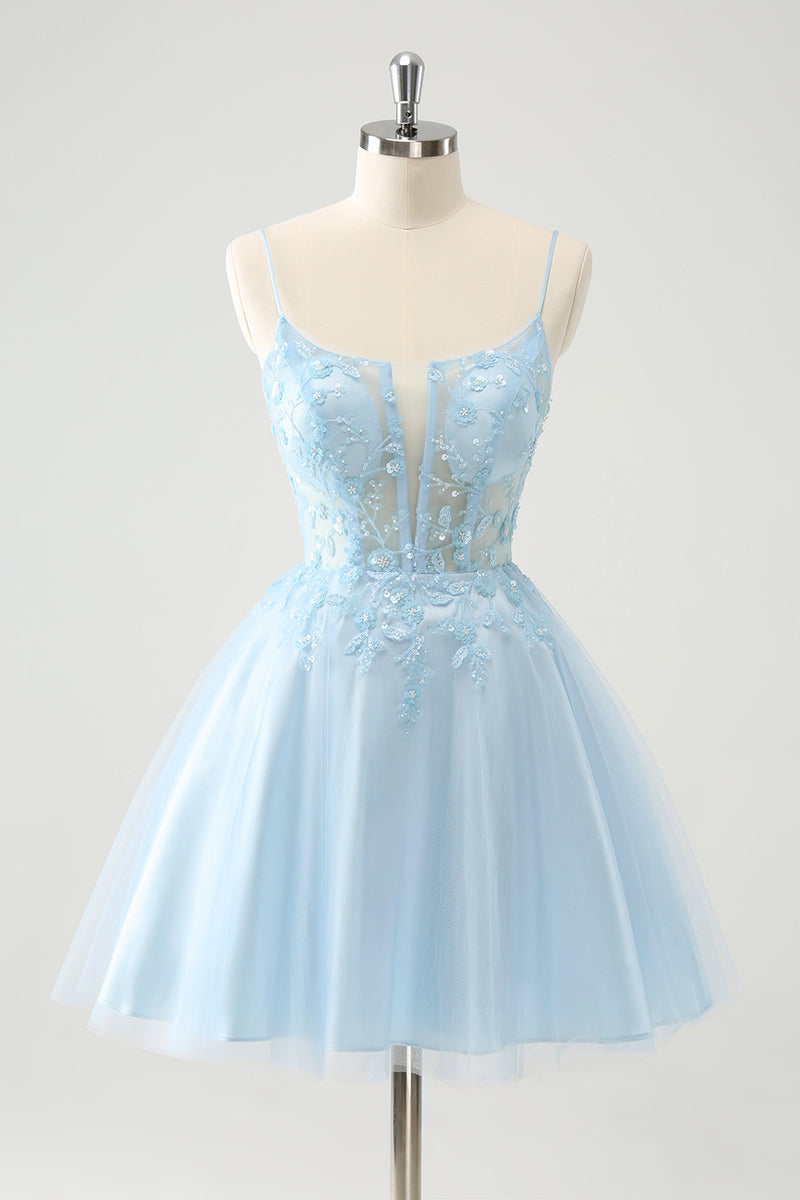 Load image into Gallery viewer, Glitter Blush A-line Tulle Short Prom Dress with Flowers