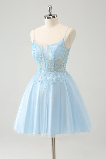 Glitter Blush A-line Tulle Short Prom Dress with Flowers