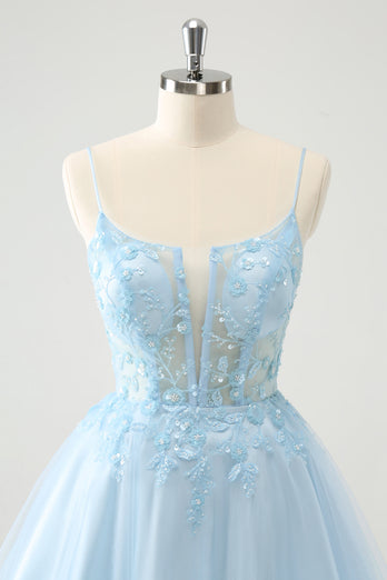 Glitter Blush A-line Tulle Short Prom Dress with Flowers