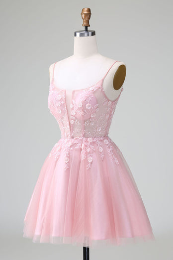 Glitter Blush A-line Tulle Short Prom Dress with Flowers