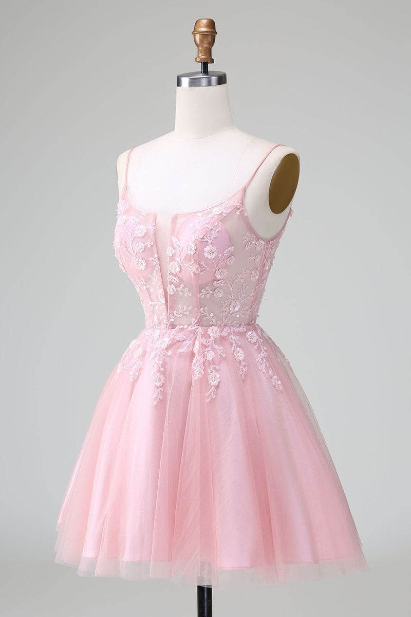 Load image into Gallery viewer, Glitter Blush A-line Tulle Short Prom Dress with Flowers