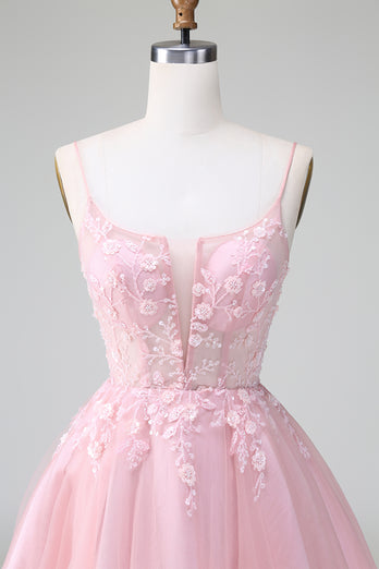 Glitter Blush A-line Tulle Short Prom Dress with Flowers