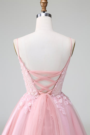 Glitter Blush A-line Tulle Short Prom Dress with Flowers