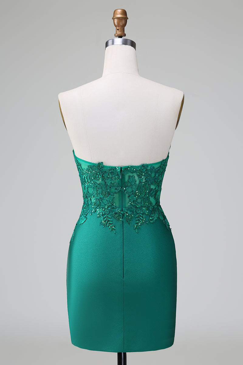 Load image into Gallery viewer, Glitter Dark Green Beaded Tight Appliques Short Prom Dress