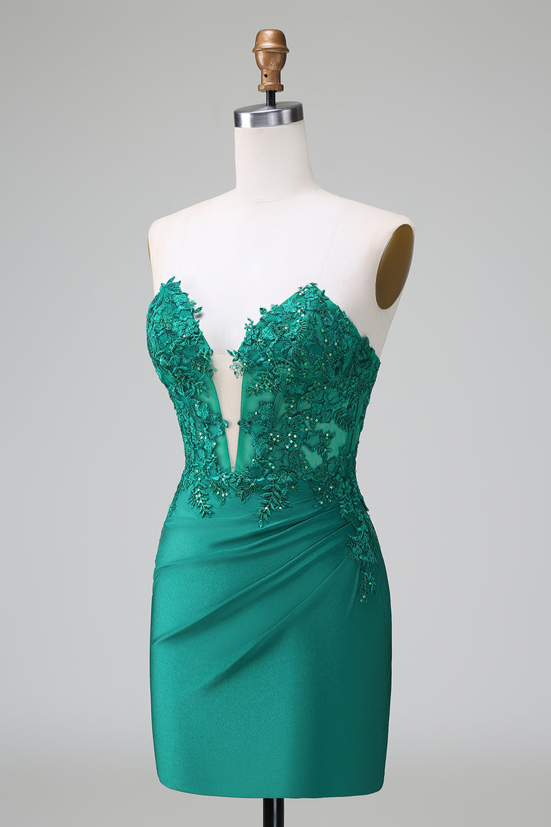 Load image into Gallery viewer, Glitter Dark Green Beaded Tight Appliques Short Prom Dress