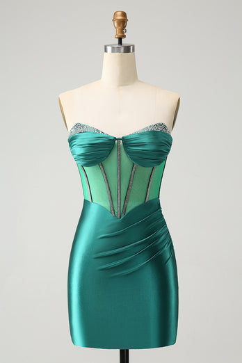 Glitter Dark Green Beaded Corset Satin Short Prom Dress