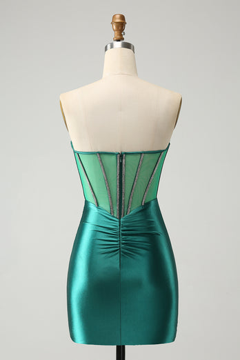 Glitter Dark Green Beaded Corset Satin Short Prom Dress