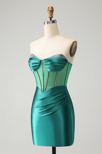 Glitter Dark Green Beaded Corset Satin Short Prom Dress