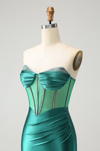 Glitter Dark Green Beaded Corset Satin Short Prom Dress