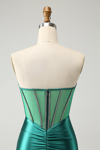 Glitter Dark Green Beaded Corset Satin Short Prom Dress