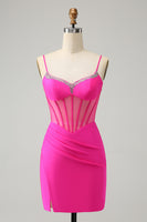 Load image into Gallery viewer, Glitter Fuchsia Beaded Corset Tight Short Prom Dress