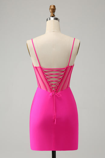 Glitter Fuchsia Beaded Corset Tight Short Prom Dress