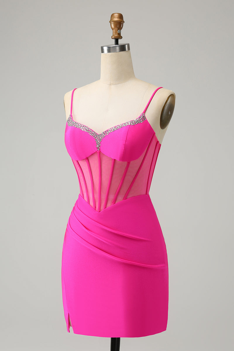 Load image into Gallery viewer, Glitter Fuchsia Beaded Corset Tight Short Prom Dress