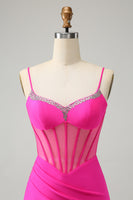 Load image into Gallery viewer, Glitter Fuchsia Beaded Corset Tight Short Prom Dress