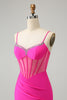 Load image into Gallery viewer, Glitter Fuchsia Beaded Corset Tight Short Prom Dress