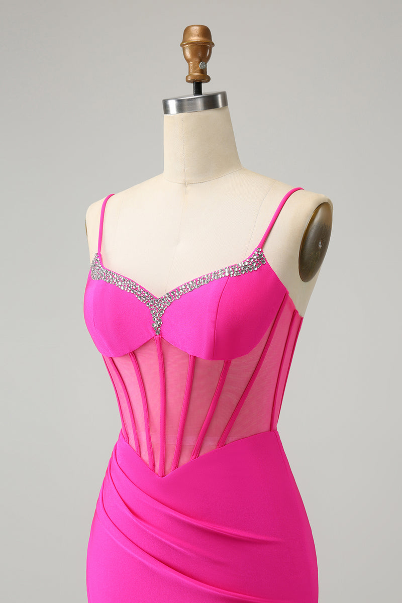 Load image into Gallery viewer, Glitter Fuchsia Beaded Corset Tight Short Prom Dress