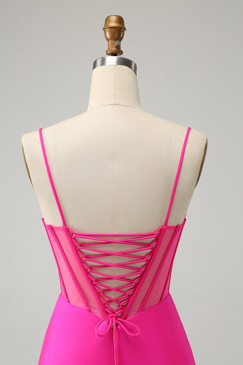 Glitter Fuchsia Beaded Corset Tight Short Prom Dress