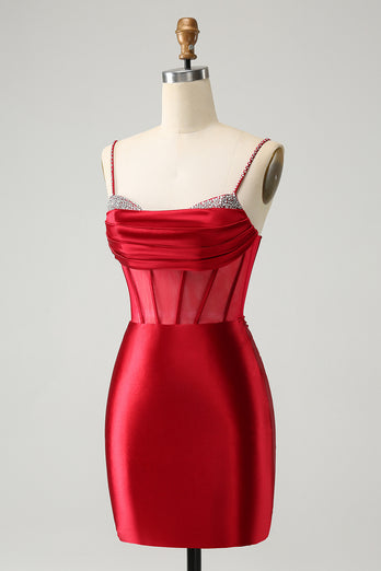 Glitter Fuchsia Corset Beaded Tight Party Dress