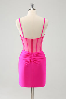 Glitter Fuchsia Corset Beaded Tight Party Dress