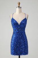 Load image into Gallery viewer, Women Sparkly Royal Blue Short Sequins Prom Dress Bodycon Lace Up Party Dress